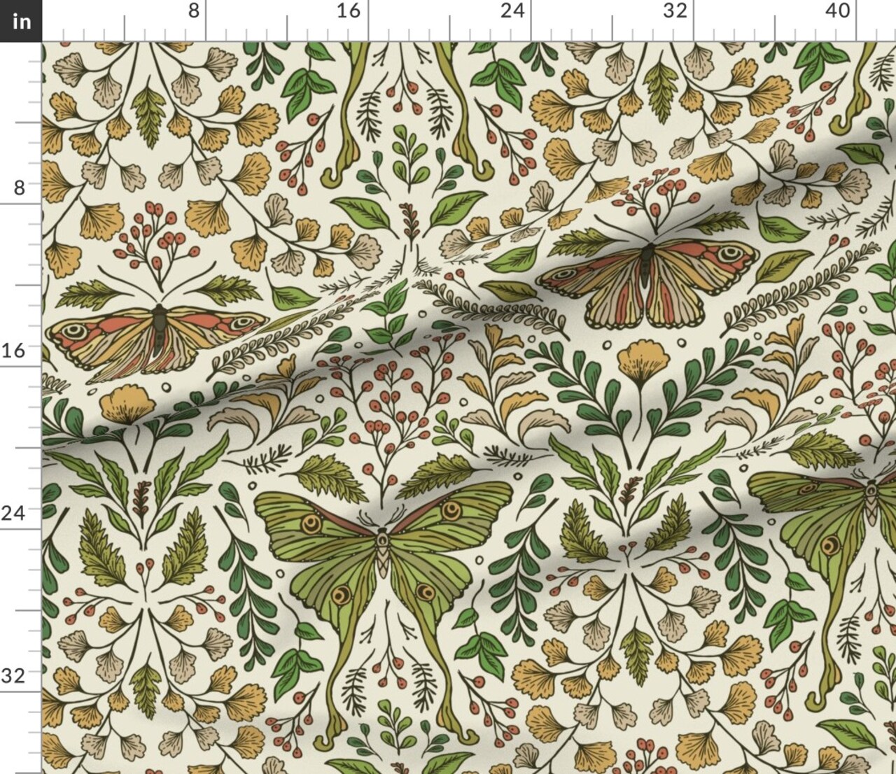 Bohemian Butterfly Green Botanical Bold Art Nouveau Rustic Floral Winged Moths Leaves Flowers Farmhouse Custom Printed Fabric by Spoonflower Various Fabrics by the Yard or Fat Quarter